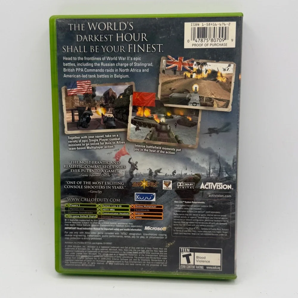 Activision Call of Duty Finest Hour Xbox N/A Green Excellent WWII Shooter Game